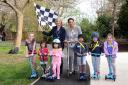 Mayor of Merton Brenda Fraser and head teacher Katherine Davies with children at the track launch