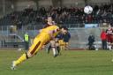 BOOM: Jamie Slabber heads Sutton United ahead at Chelmsford City              All pictures: Paul Loughlin