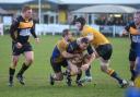 Squeezed: Patrick O’Grady is halted by the Worthing defence as hooker Neil Sweeney moves in to support during Esher’s 36-19 win on Saturday 	Deadlinepix SP82768