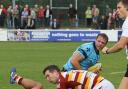 Opener: Adam Bellamy gets over to open Rosslyn Park's ultimately doomed account at Fylde            Picture: David Whittam