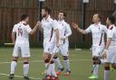 Thanks lads: Richmond's Charlie Ellison, second from left, celebrates the first of his two goals last Sunday