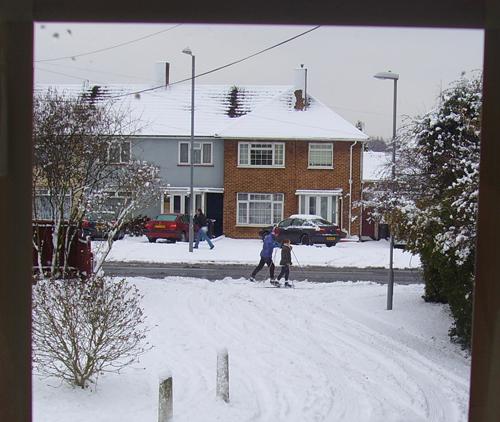 Walkers skiing in South Lane, New Malden, during snow in December 2010. Pitcure submitted by John Ryall.