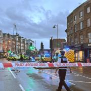 Photo taken with permission from social media site X, formerly Twitter, posted by The Jack Warren of police at the scene of a shooting in Clapham, London