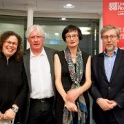 L-R: Dr Laura Peters, head of English and Creative Writing, professors David Harsent and Fiona Sampson and the Vice-Chancellor Professor Paul O’Prey.