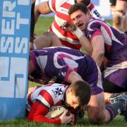 Over: Rosslyn Park’s Luke Carter scores the first of two tries against Loughborough Students