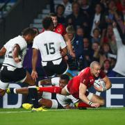 High among the low: Mike Brown goes over in England's opening Rugby World Cup win over Fiji - it all went down here from there