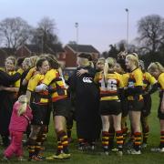 All smiles: Richmond Ladies celebate at the final whistle after their Women's Premiership semi-final win over Worcester Ladies on Sunday