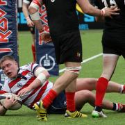 Over the line: Harry Elrington scores for Rosslyn Park during their weekend win over Blaydon                    Pic: David Whittam
