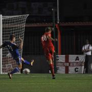 Opener: Brendan Murphy-McVey fired Carshalton Athletic into the lead against Worthing on Monday night, but they would eventually lose 6-2 to end their interest in the FA Cup        Pic: Ian Gerrard