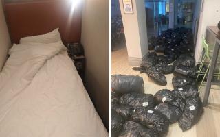 A small box room in the Queens Hotel/ Bags of residents clothes that have been affected by damp and mould