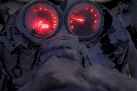 The dashboard of the skidoo after a six-hour journey to Polaris Camp