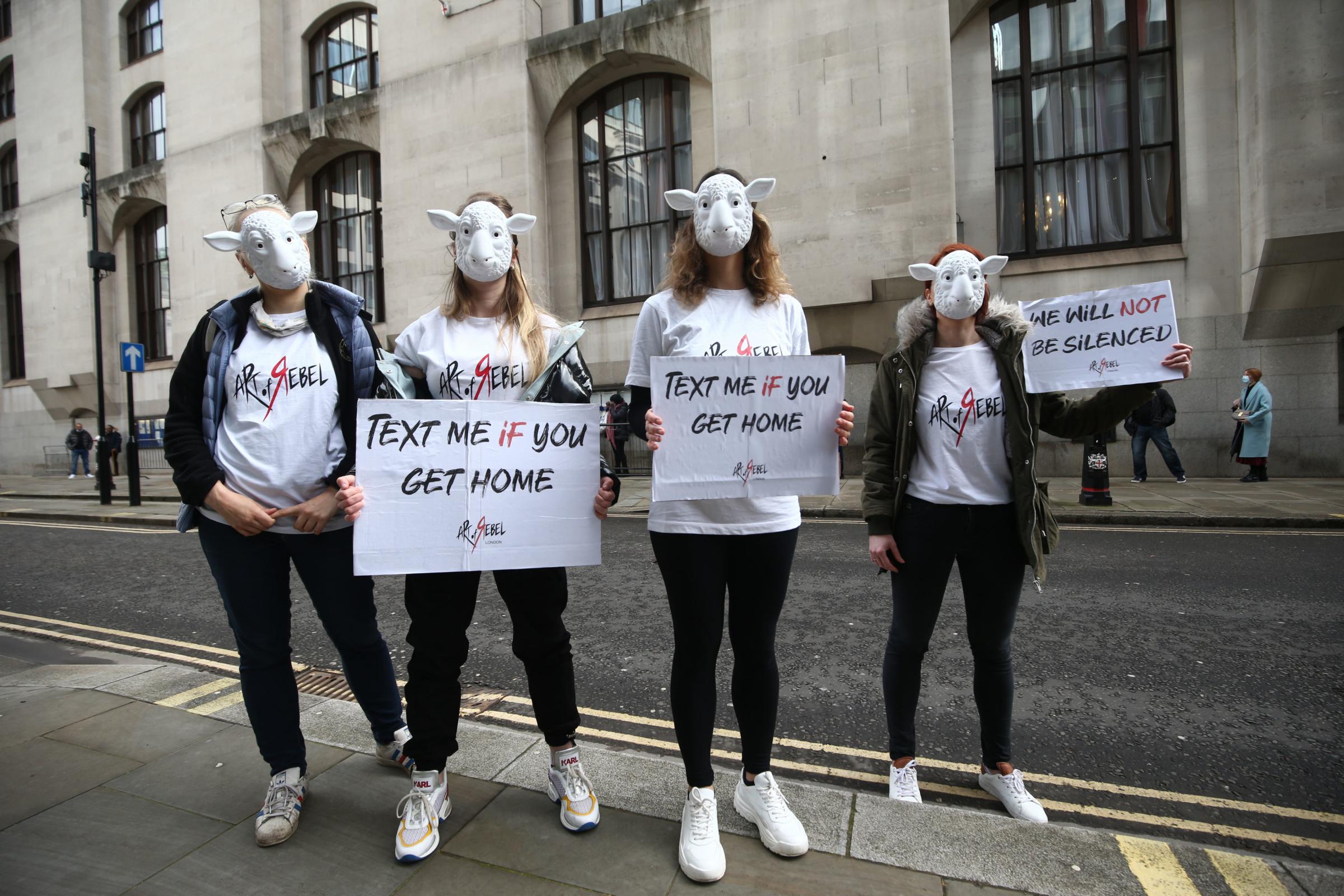 Members of Art of Rebel protest outside the Old Bailey in London where serving police constable Wayne Couzens is due to appear charged with the murder and kidnapping of Sarah Everard. Yui Mok/PA Wire 