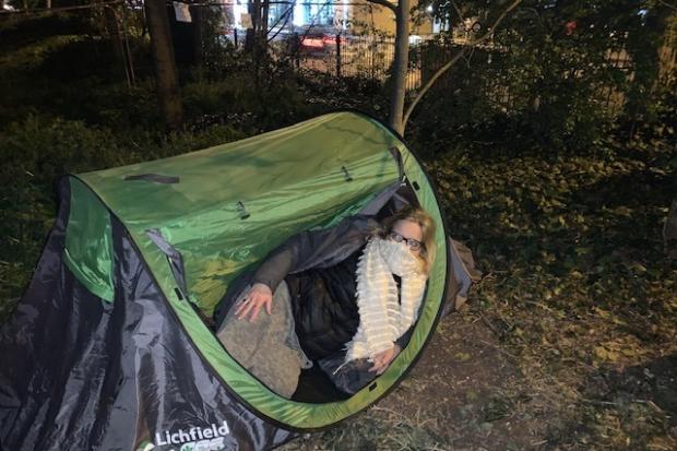 Emma Buckley, 50, sleeping outside as part of the protest last night (April 21). Credit: Emma Buckley. Free for reuse by BBC LDRS partners