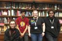 Ceri, Anand, Beth and Mark at Wimbledon Library where the group meets. Credit: Tara O\'Connor. Free for use by all BBC wire partners.