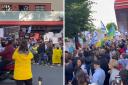 Screengrabs from videos on X showing Israeli supporters counter protesting outside the Phoenix Cinema, East Finchley