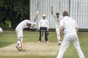 Ray of light: Old Rutlishians' Tom Collett enjoys a rare moment of joy in an otherwise dismal season for the club by taking the wicket of Leatherhead opener Simon Roberts