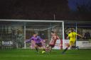 Max Oldham hits the target for Corinthian-Casuals against Ashford United on Saturday. Picture: Stuart Tree