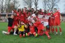 Carshalton Athletic celebrate gaining promotion after their thrilling 4-3 victory over Whyteleafe on Saturday. Picture: Ian Gerrard