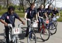Martin Keown, Darren Anderton, Marcel Desailly, Rufus Brevett and Ray Wilkins on the bikes