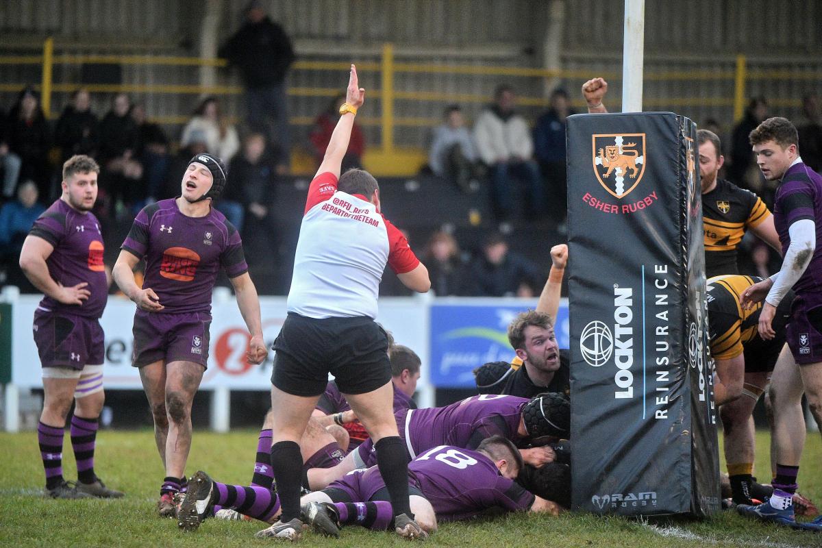 Esher's first try, scored by Theo Skoumbourdis at the bottom of the pile of bodies. Photo: Leo Wilkinson