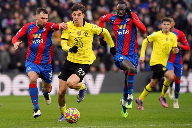Chelsea’s Kai Havertz tries to get past Crystal Palace's James McArthur (left) and Cheikhou Kouyate (right) during the Premier League match at Selhurst Park, London