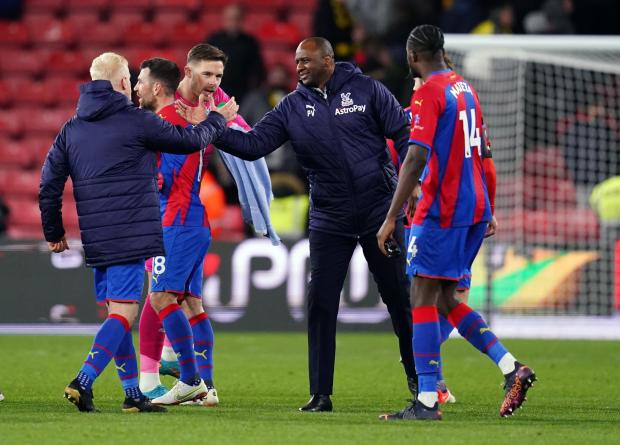 Your Local Guardian: Crystal Palace manager Patrick Vieira with Will Hughes following the Premier League match at Vicarage Road, Watford