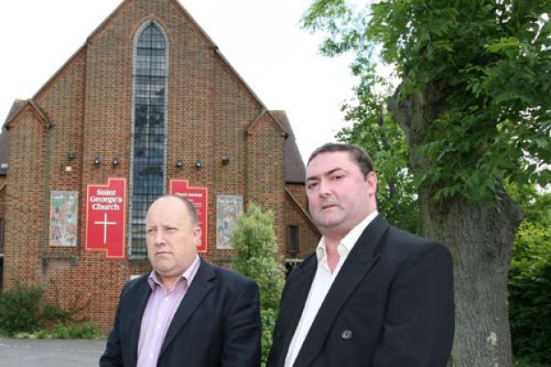 Labour leader Councillor Tony Newman (left) and David Christison (right) pictured campaigning outside St George's Church in Waddon, 2010
