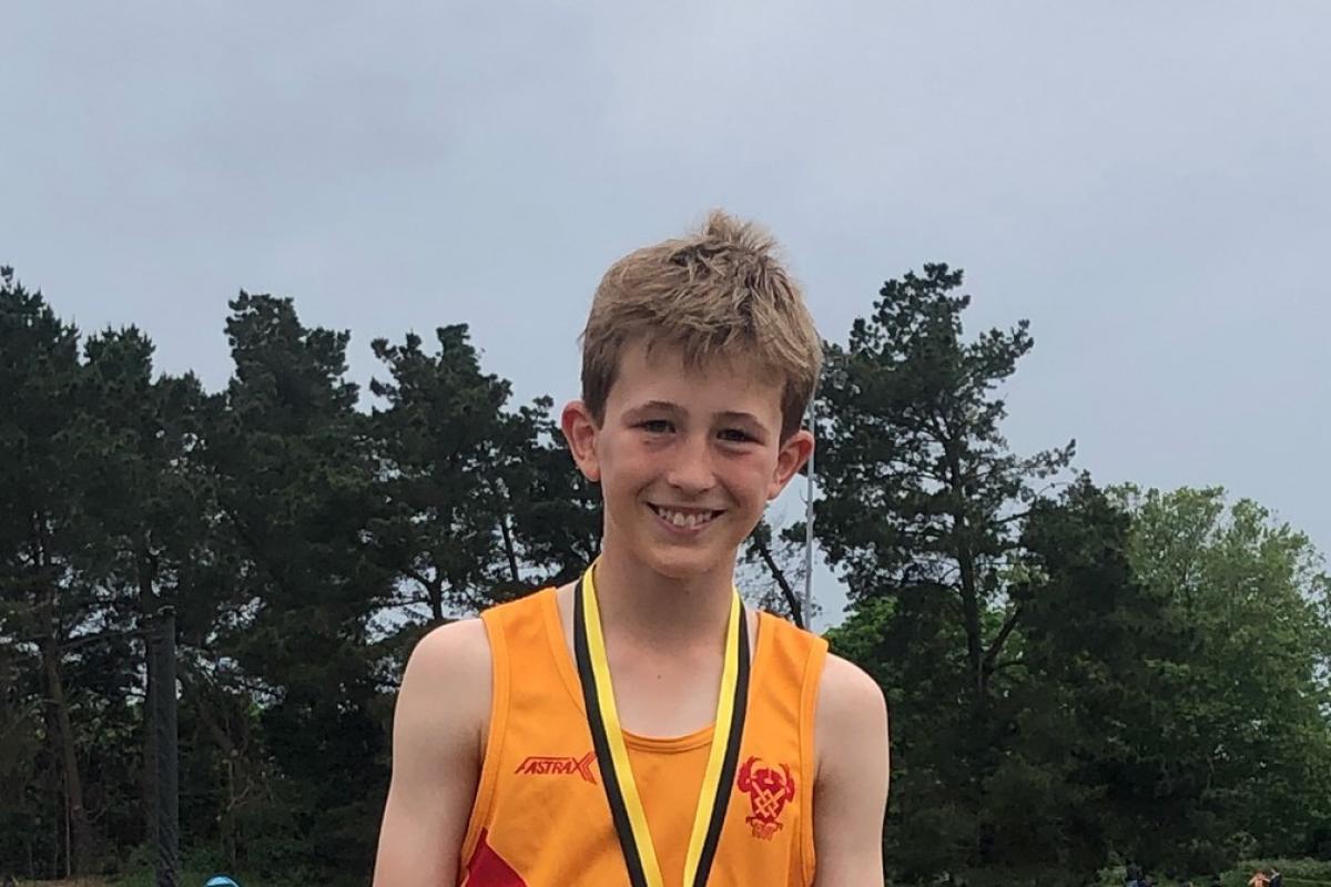 Thomas Wharton, winner of the Under-13 boys 800m and 75m hurdles