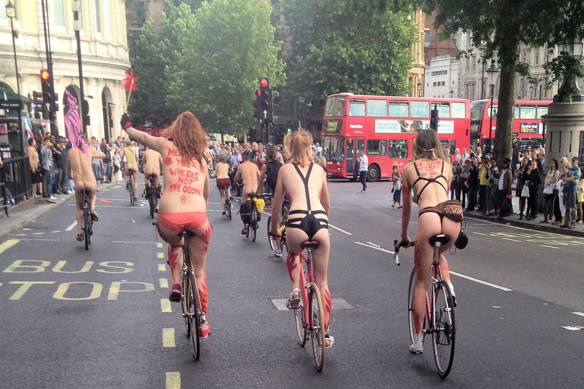 World Naked Bike Ride participants approaching
Trafalgar Sq (June 2014). Photo by: Biggsytravels