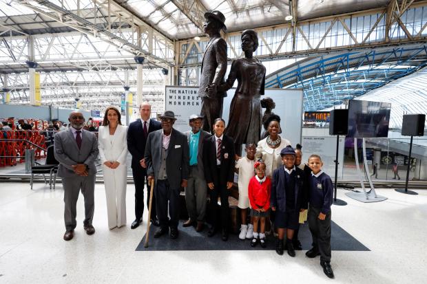 Your Local Guardian: The Duke and Duchess of Cambridge, accompanied by Baroness Floella Benjamin, Windrush passengers Alford Gardner and John Richards and children at the unveiling of the National Windrush Monument at Waterloo Station, to mark Windrush Day