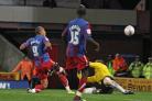James Vaughan scores his second in Palace's 4-1 win over Pompey on Tuesday night. Deadlinepix Niall O'Mara SP50984-02
