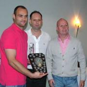 Player of the year: Louis Wells with vice chairman Mike Boon and manager Steve Cordery