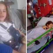 Brodie before her illness and then an image of Brodie when she was in hospital