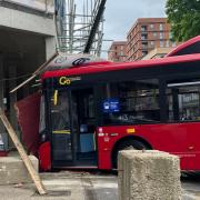 Police were called to Sutton High Street at 12.40 today to reports that a bus had collided with a building / Image: Saba Ali