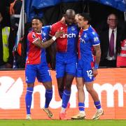 Crystal Palace's Jean-Philippe Mateta (centre) celebrates scoring their side's first goal of the game with team-mates Nathanial Clyne (left) and Daniel Munoz during the Premier League match at Selhurst Park