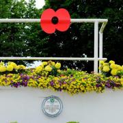 A poppy has been placed at Epsom Downs Racecourse next to a plaque commemorating Lord Kitchener's inspection of troops on the Downs in 1915