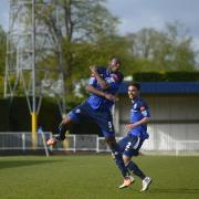 Get in there: Met Police's Rob Bartley celebrates the goal that ultimately secured the Blues a play-off place