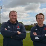 Happy man: Coach Peter Richards, right with fellow coach Tim Payne, thinks he has found a gem in new boy Jason Harries