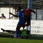 On the floor: Mark Smith makes a save against Grays Athletic at the Beveree last season