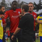 Tempers flare: Things got a little heated in a passionate derby between Hampton & Richmond Borough and Kingstonian at the Beveree  Picture: Refuel Performance Management
