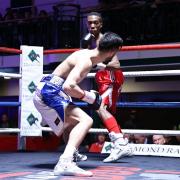 Champion: Rakeem Noble en route to winning the super lightweight Southern Area title     Picture:Natalie Mayhew