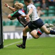 Going over: Charlie Amesbury scores for Quins at Twickenham in the 2007 IRB Emirates Airlines London Sevens