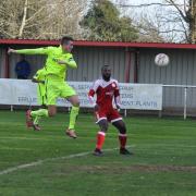 Bobby Price scores for Carshalton Athletic at Hythe Town. Picture Ian Gerrard