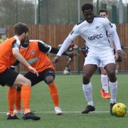 Ola Sogbanmu of Carshalton Athletic in action at Walton Casuals. Picture: Ian Gerrard.
