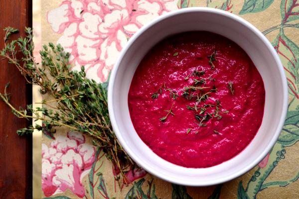 Your Local Guardian: Beetroot dip dressed up with a bunch of contrasting green thyme, also a key ingredient