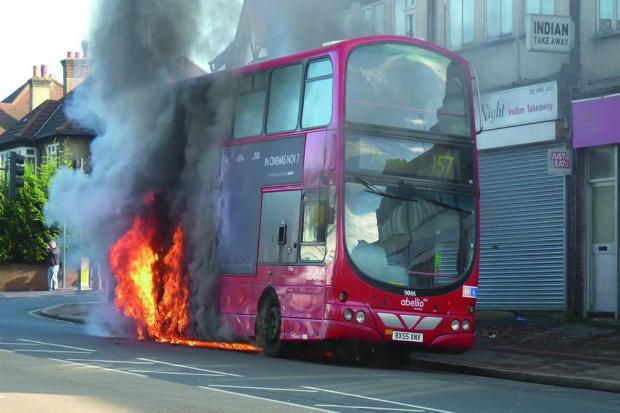 Engulfed in flames: the 157 bus caught fire in Wallington on Tuesday