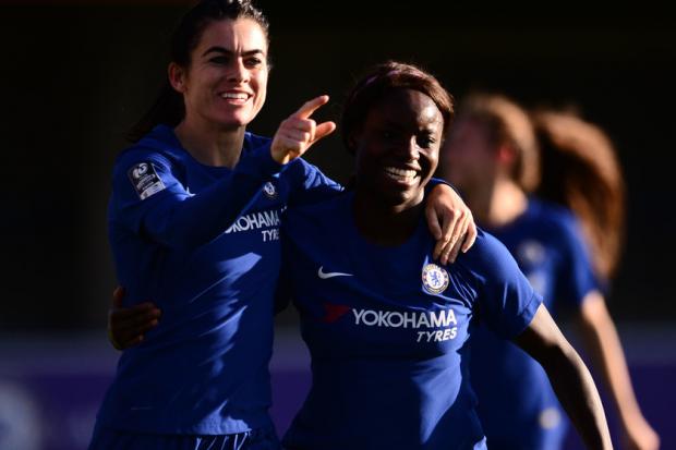 Karen Carney and Eniola Aluko celebrates a goal against Yeovil Town